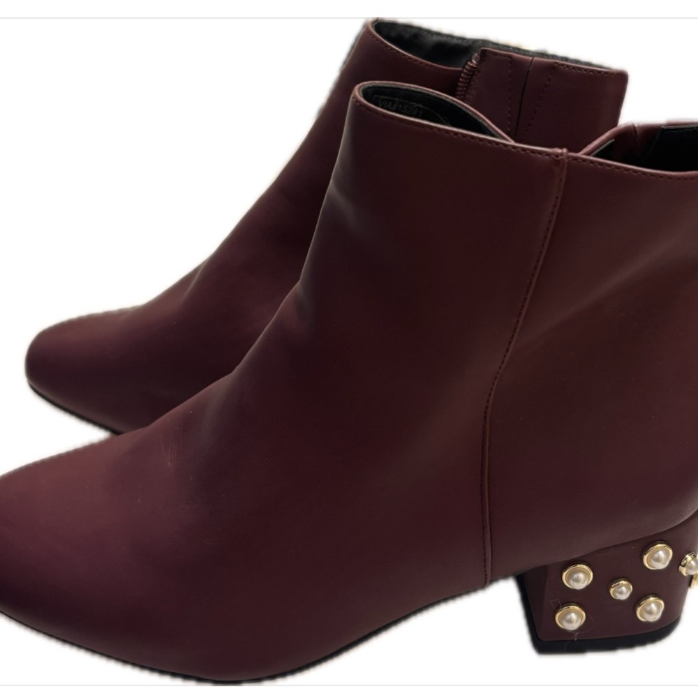 Woman Within Comfortview Elegant Burgundy Ankle Boots with Pearl Accents
